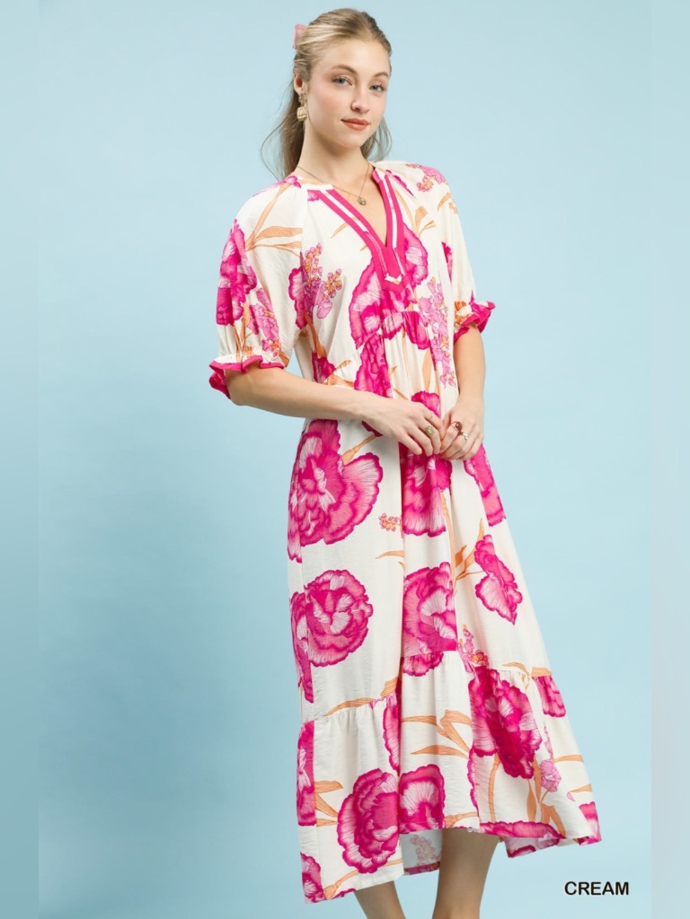Umgee Floral Print Midi Dress with Contrast Trim - Picture 2 of 6